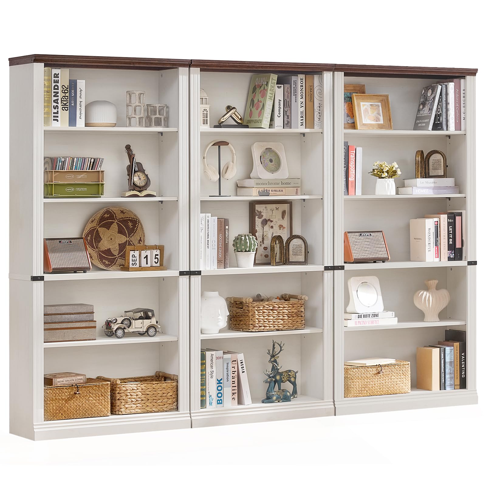 RWYHG 43" Walnut Tall Bookshelf,3-Tier Thick Wooden Book Shelf with Adjustable Shelves,Free Standing Farmhouse Bookcase with Open Display Storage,Floor Vintage Bookshelves for Living Room,Office