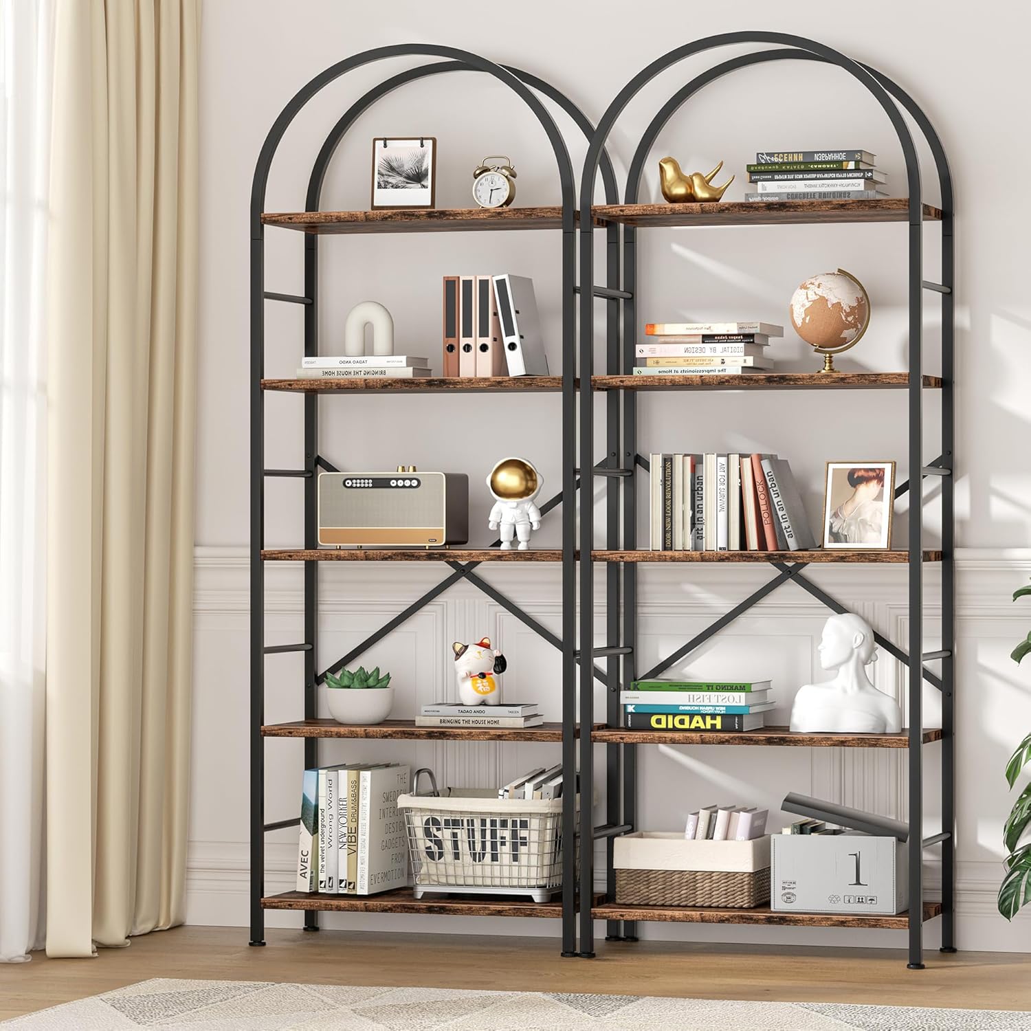 Shintenchi Bookshelf, Arched Bookshelf 5 Tier Bookcase, Tall Shelf for CDs/Books, Home Office Shelf Storage Organizer, Modern Book Shelf for Bedroom/Living Room, Rustic Brown