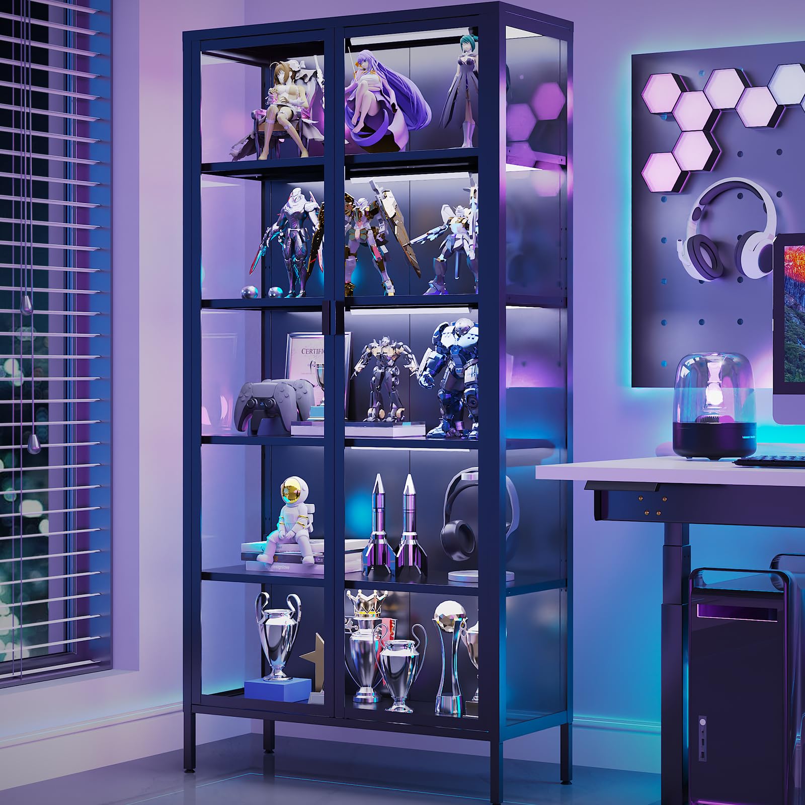 Eltean 71" H Display Cabinet with Glass Doors, 5 Tiers Curio Glass Display Cabinet with 3 Colors LED Sensor Light,Display Cabinets for Collectible with 4 Adjustable Shelves for Living Room,Bedroom