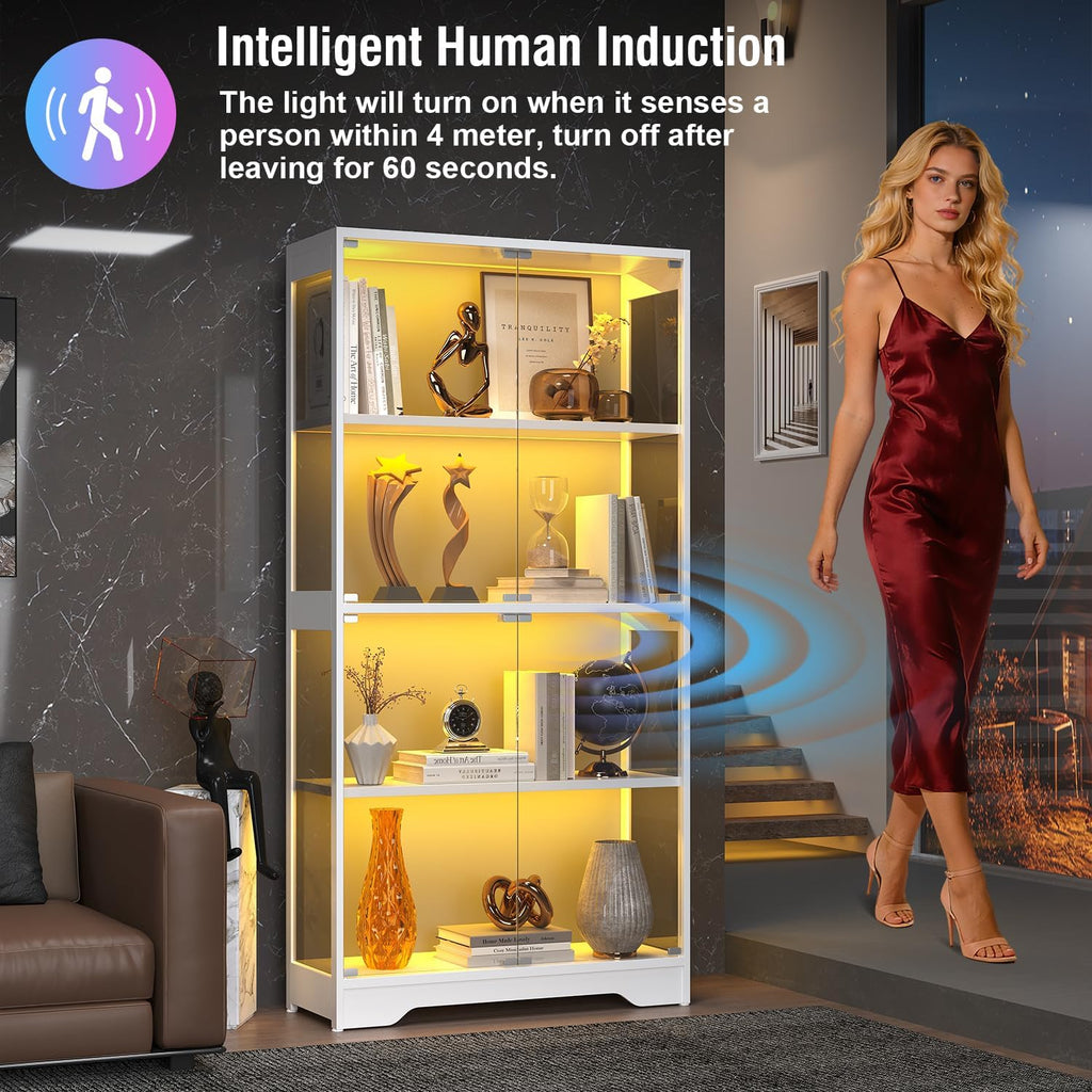 knoworld Display Cabinet with Glass Doors, 63" Tall Curio Cabinet with Human Sensor RGB LED Lights, 4-Tier Glass Display Case with 15mm Thick Shelves for Action Figures, Collectibles, Books - White