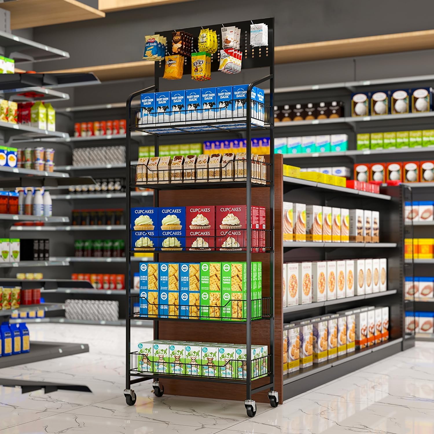 5 Tier Retail Display Rack, Snack Organizer Stand with Wheels & Hooks, Candy Potato Chip Metal Wire Display Shelf Cart for Supermarket and Home Kitchen, Black (65.3 * 23.8 * 10.4)