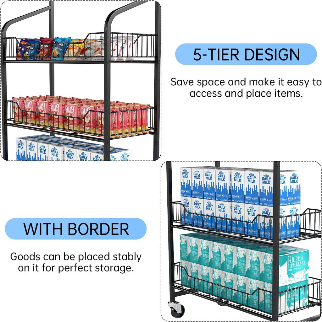 5 Tier Retail Display Rack, Snack Organizer Stand with Wheels & Hooks, Candy Potato Chip Metal Wire Display Shelf Cart for Supermarket and Home Kitchen, Black (65.3 * 23.8 * 10.4)