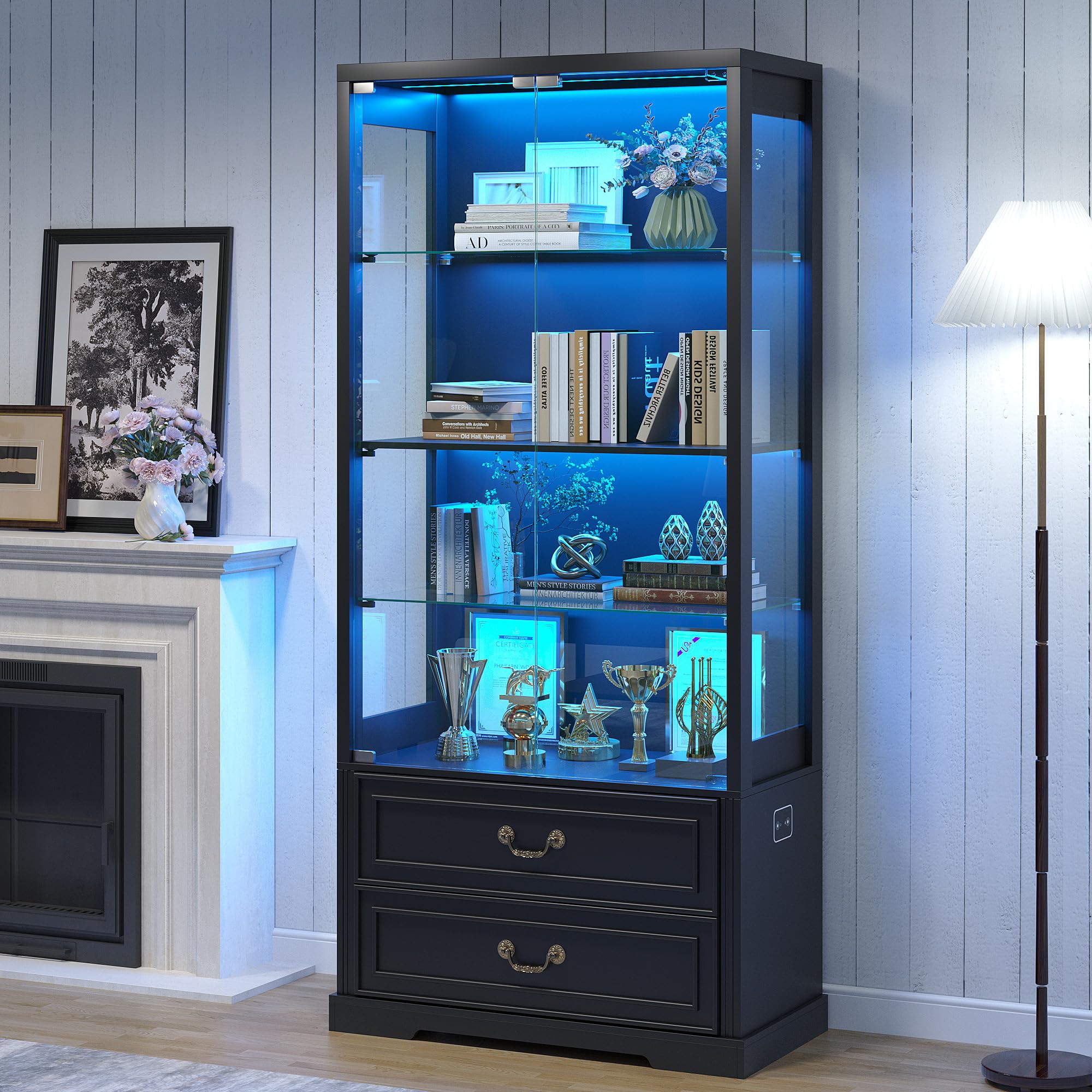 TAGELIER 67" Tall Display Cabinet with Glass Doors and 2 Drawers, Adjustable Glass Height Bookcase, Curio Cabinet with 3 LED Lights and Human Body Sensor (White)