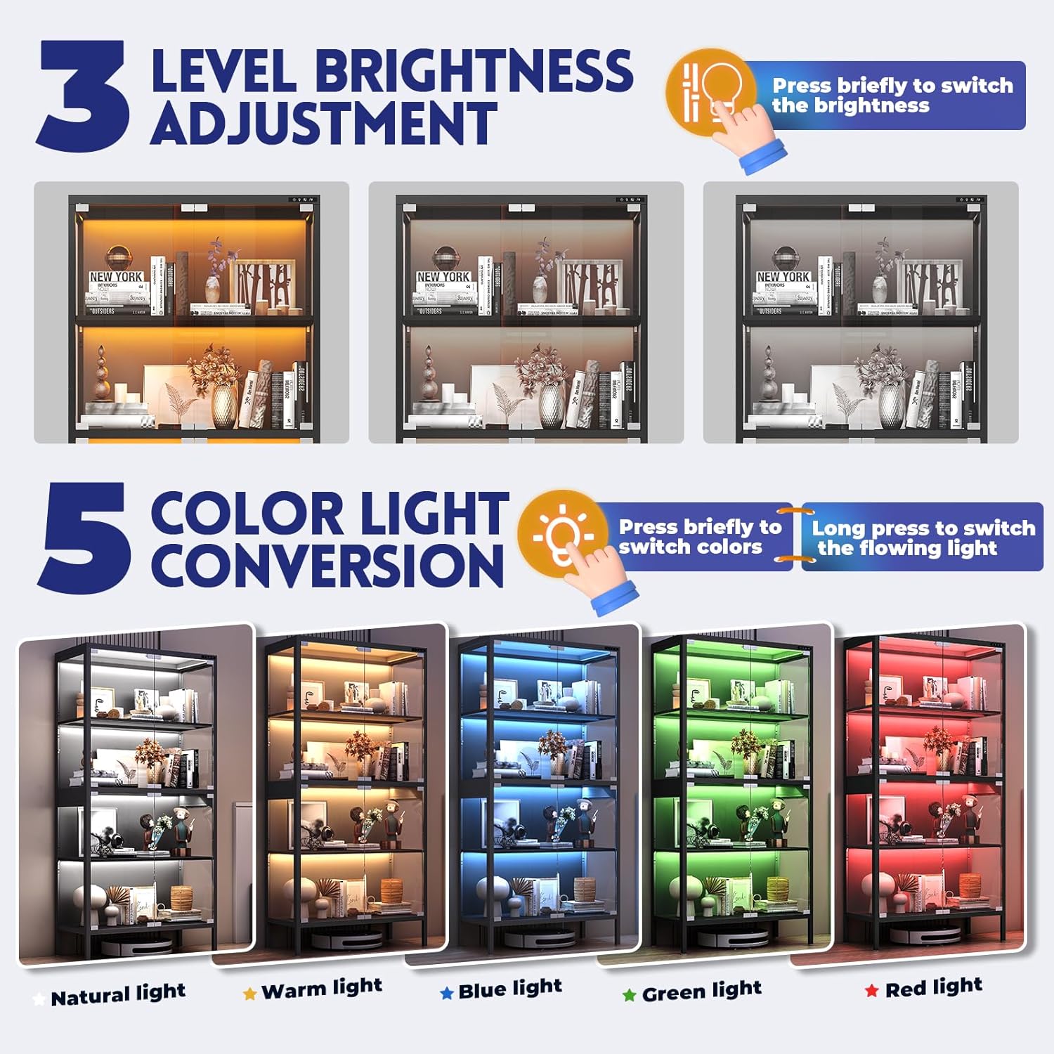 Display Cabinet with Glass Doors, 4-Tier Curio Cabinet with 5 Color Lights for Collectibles, Display Case with Human Body Sensor and Adjustable Shelves for Living Room, Black (32" W x 16" D x 65" H)