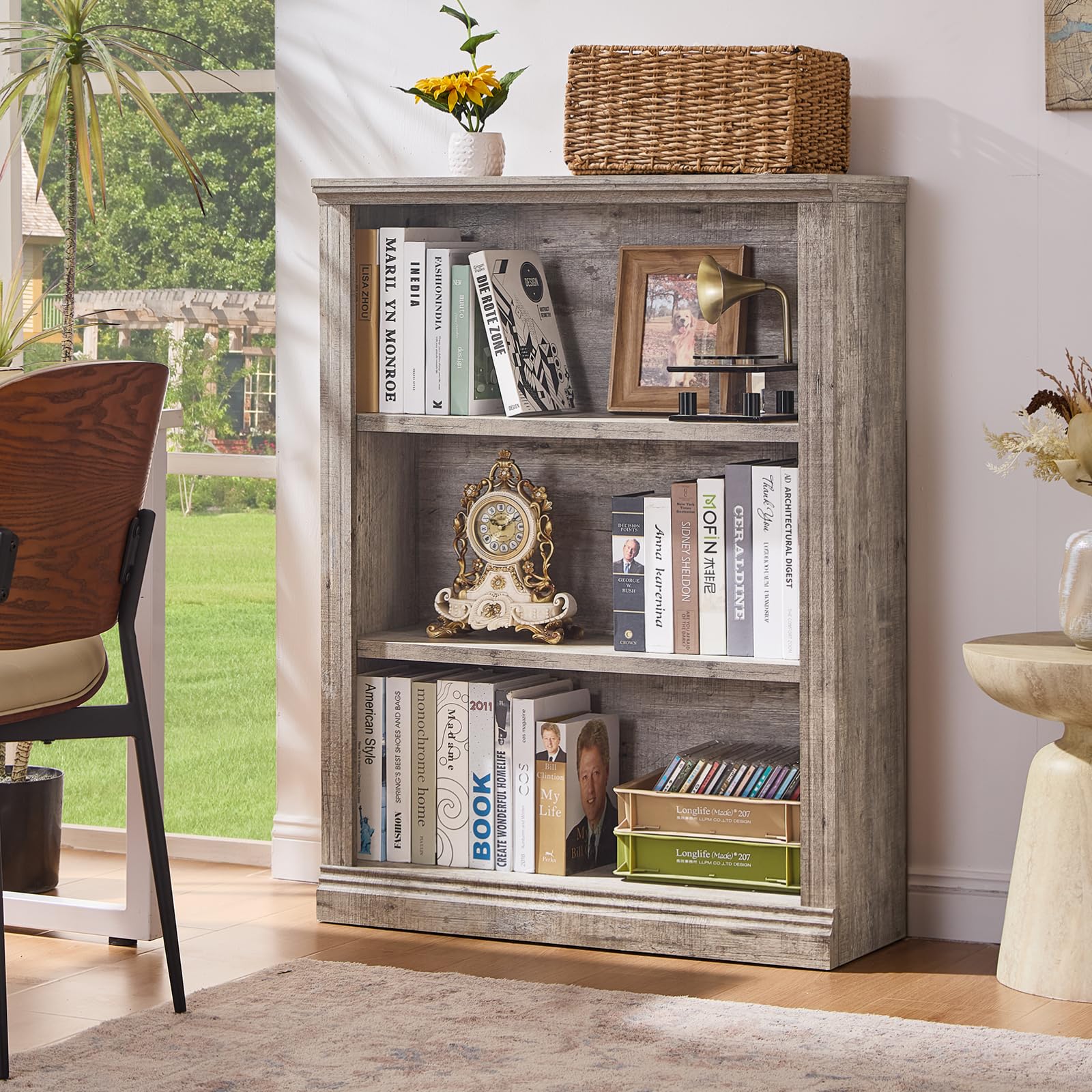RWYHG 43" Walnut Tall Bookshelf,3-Tier Thick Wooden Book Shelf with Adjustable Shelves,Free Standing Farmhouse Bookcase with Open Display Storage,Floor Vintage Bookshelves for Living Room,Office