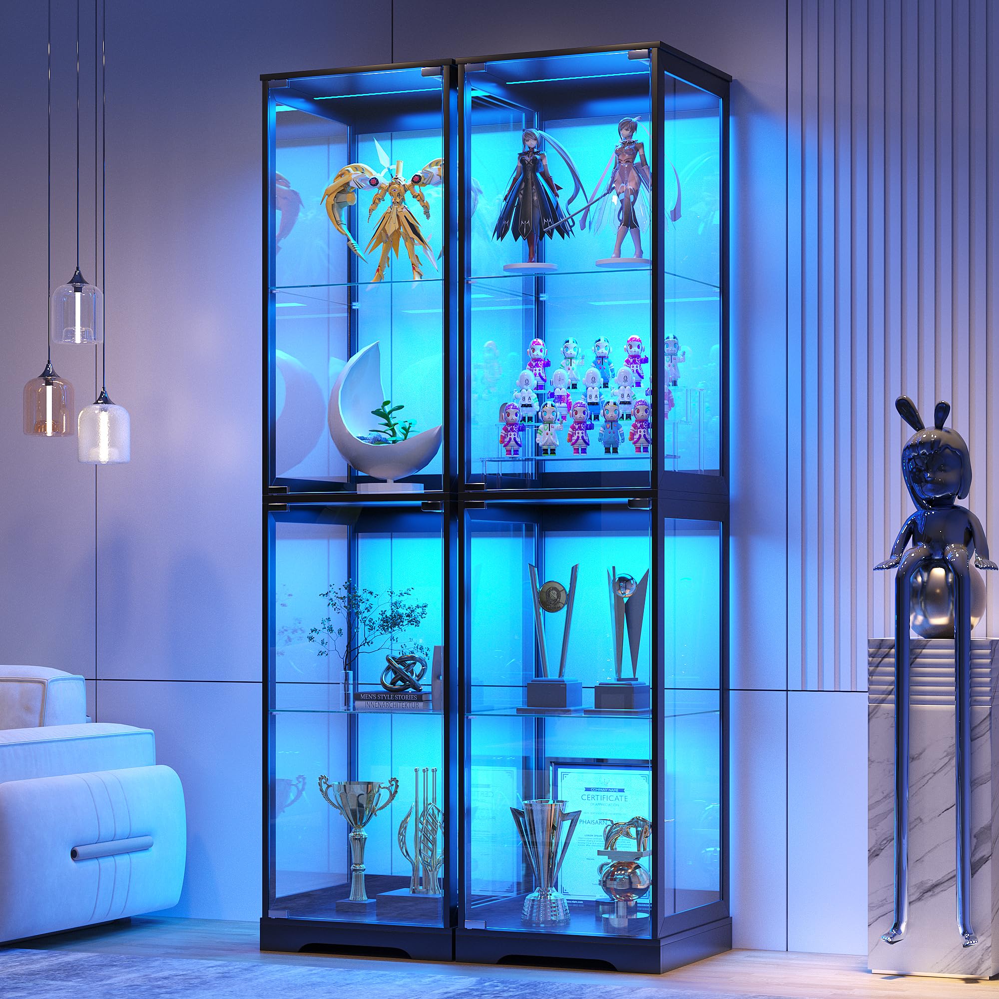 TAGELIER 67" Tall Display Cabinet with Glass Doors and 2 Drawers, Adjustable Glass Height Bookcase, Curio Cabinet with 3 LED Lights and Human Body Sensor (White)