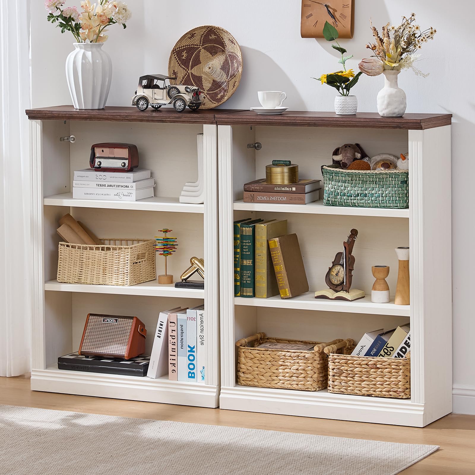 RWYHG 43" Walnut Tall Bookshelf,3-Tier Thick Wooden Book Shelf with Adjustable Shelves,Free Standing Farmhouse Bookcase with Open Display Storage,Floor Vintage Bookshelves for Living Room,Office