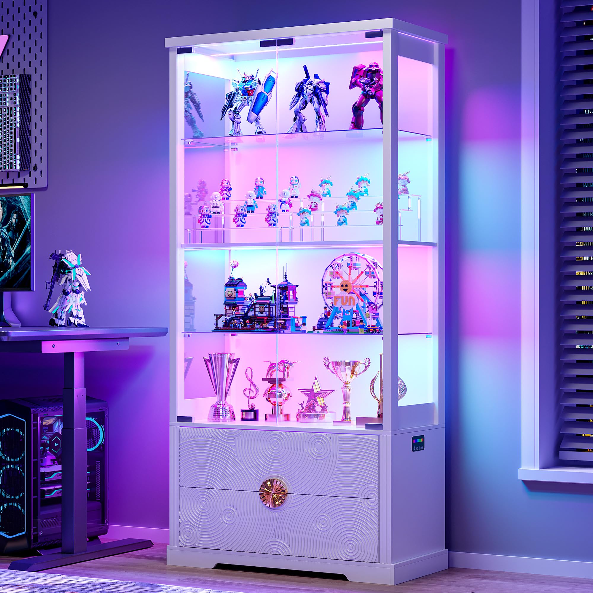 TAGELIER 67" Tall Display Cabinet with Glass Doors and 2 Drawers, Adjustable Glass Height Bookcase, Curio Cabinet with 3 LED Lights and Human Body Sensor (White)