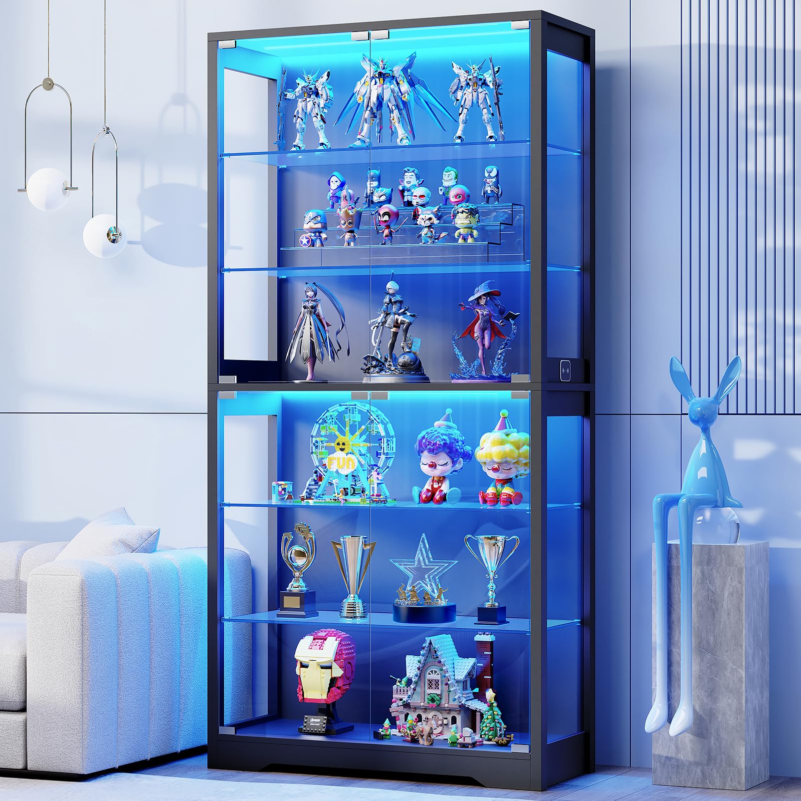 BROTTAR Display Cabinet with Glass Door, 6-Tier 71" Curio Cabinet with 3 Color Lights for Collectibles, Display Case with Adjustable Glass Shelves, Human Body Sensor, Storage Cabinets, Black