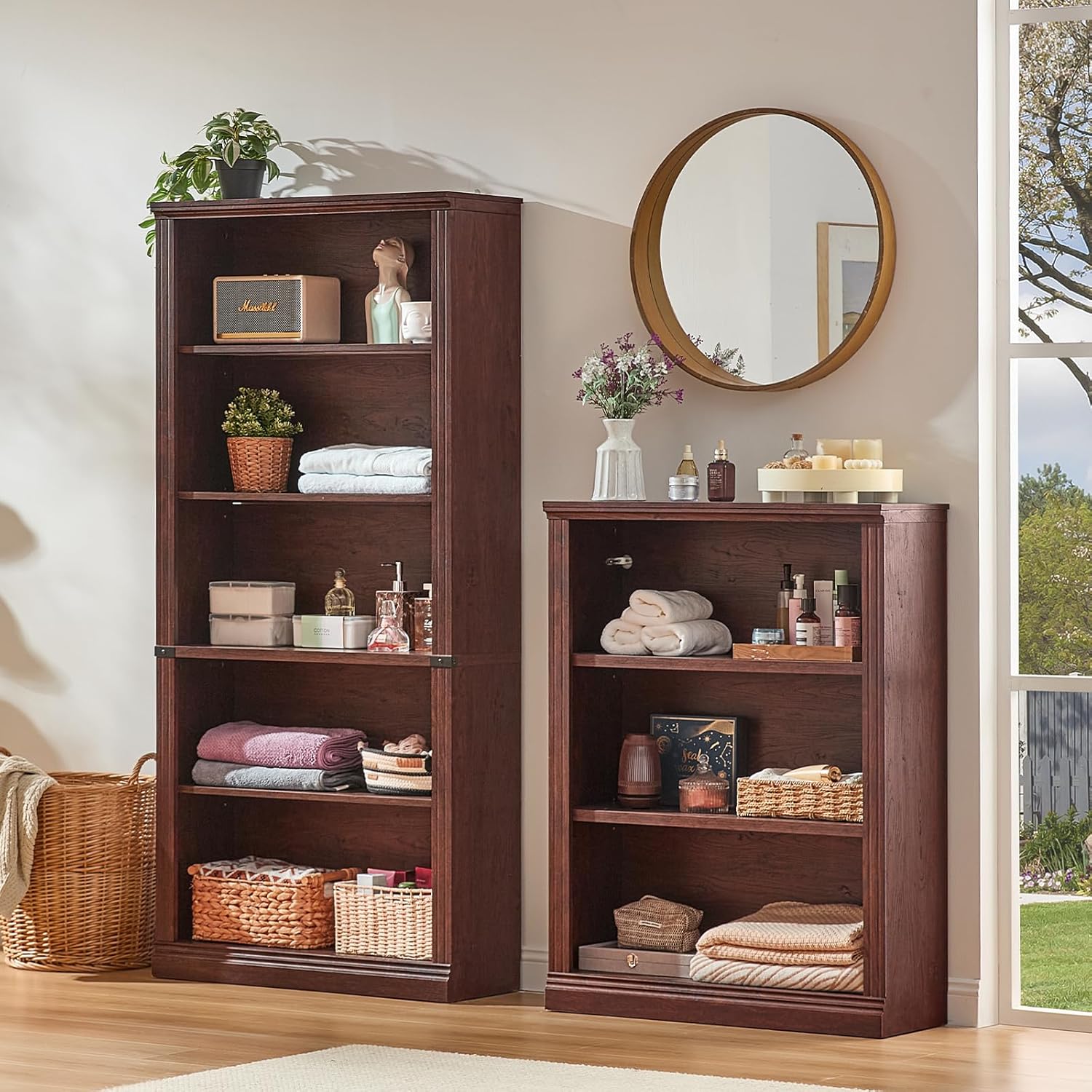 RWYHG 43" Walnut Tall Bookshelf,3-Tier Thick Wooden Book Shelf with Adjustable Shelves,Free Standing Farmhouse Bookcase with Open Display Storage,Floor Vintage Bookshelves for Living Room,Office