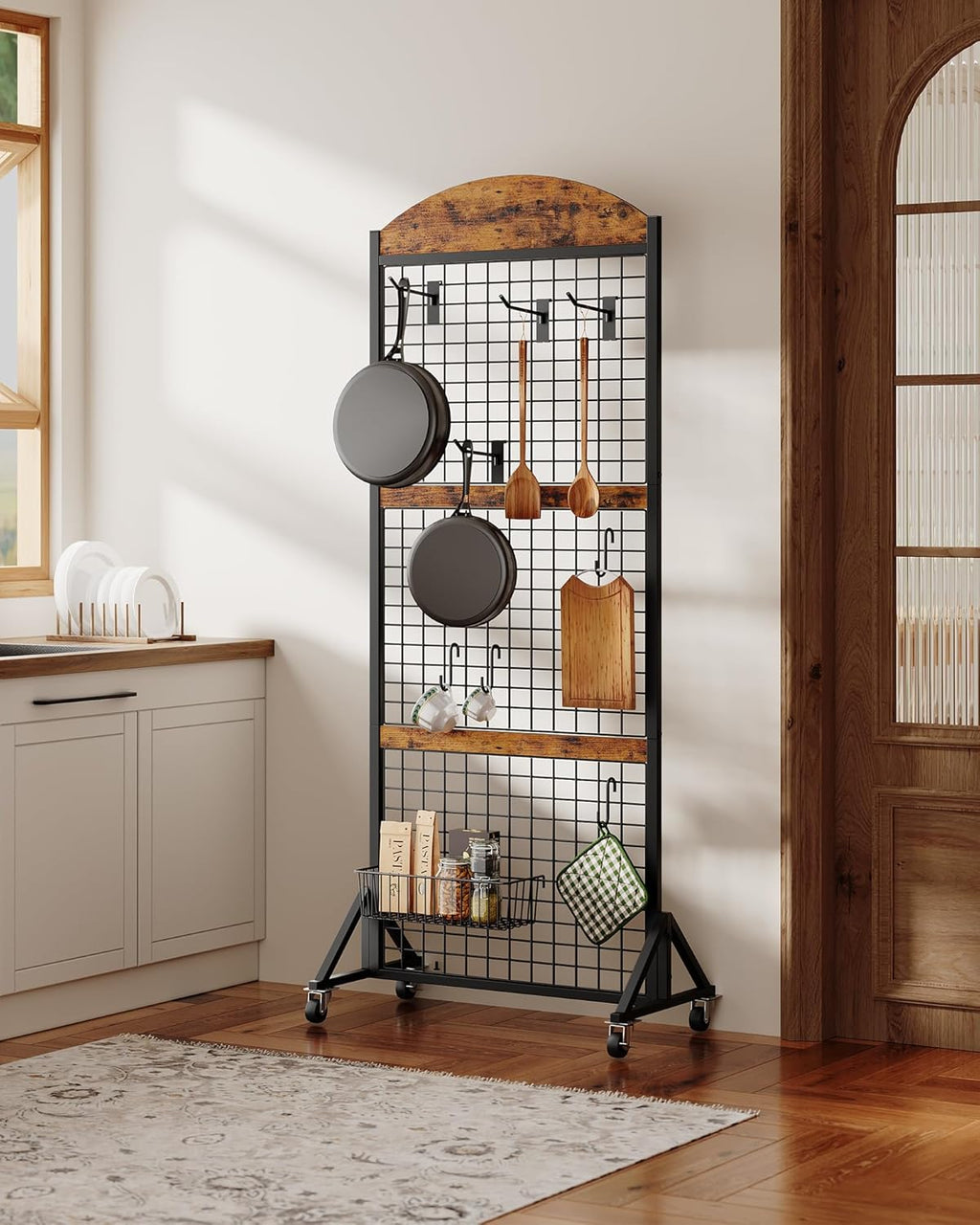 CHOEZON Grid Wall Panel 5.7’ x 2’ FT Grid Display Rack, Movable Gridwall Display Stand with Wheels,Floorstanding Wire Grid Rack with 4 S-Shaped Hooks and 4 Garment Hooks Rustic Brown and Black TCJ17BF
