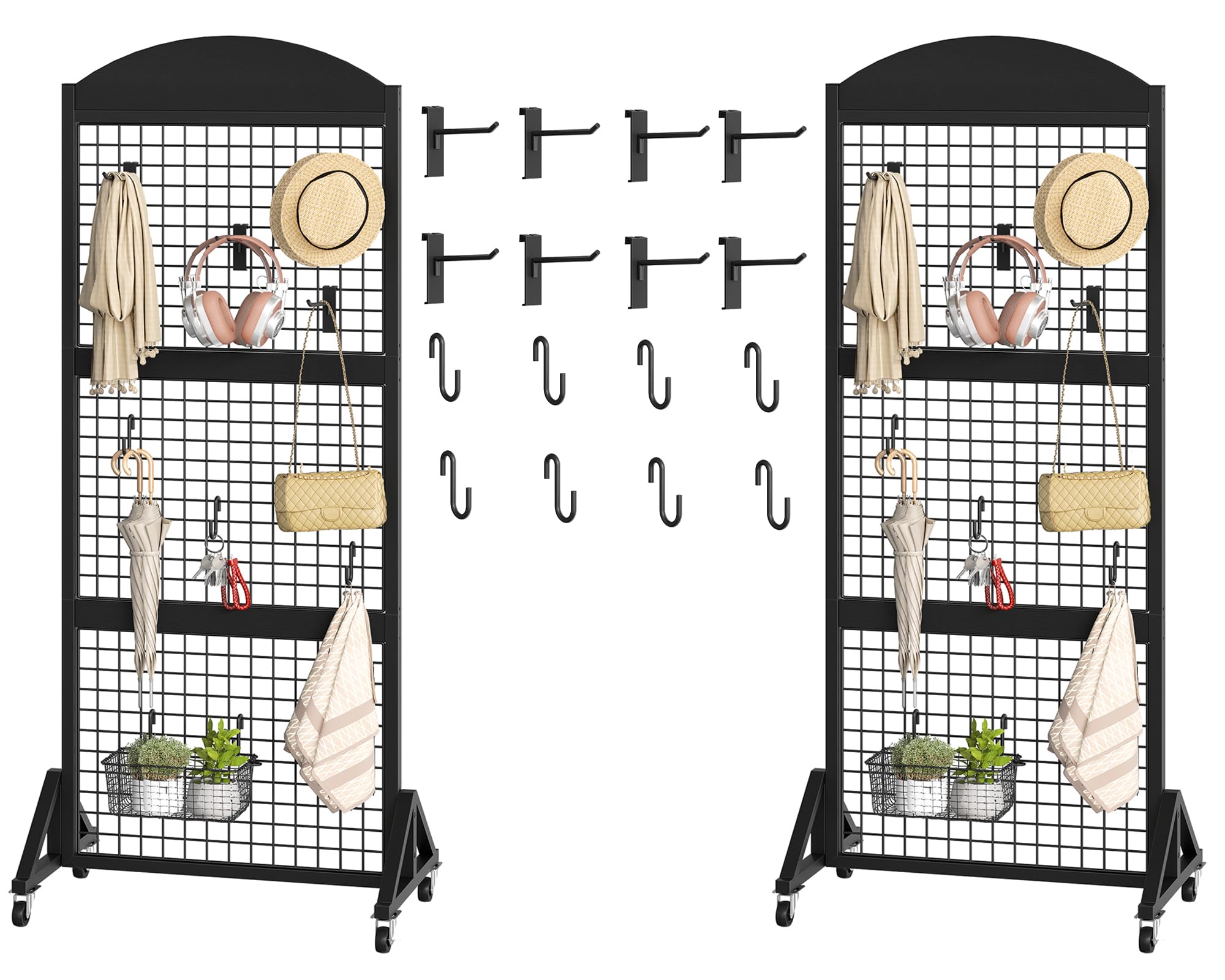 CHOEZON Grid Wall Panel 5.7’ x 2’ FT Grid Display Rack, Movable Gridwall Display Stand with Wheels,Floorstanding Wire Grid Rack with 4 S-Shaped Hooks and 4 Garment Hooks Rustic Brown and Black TCJ17BF