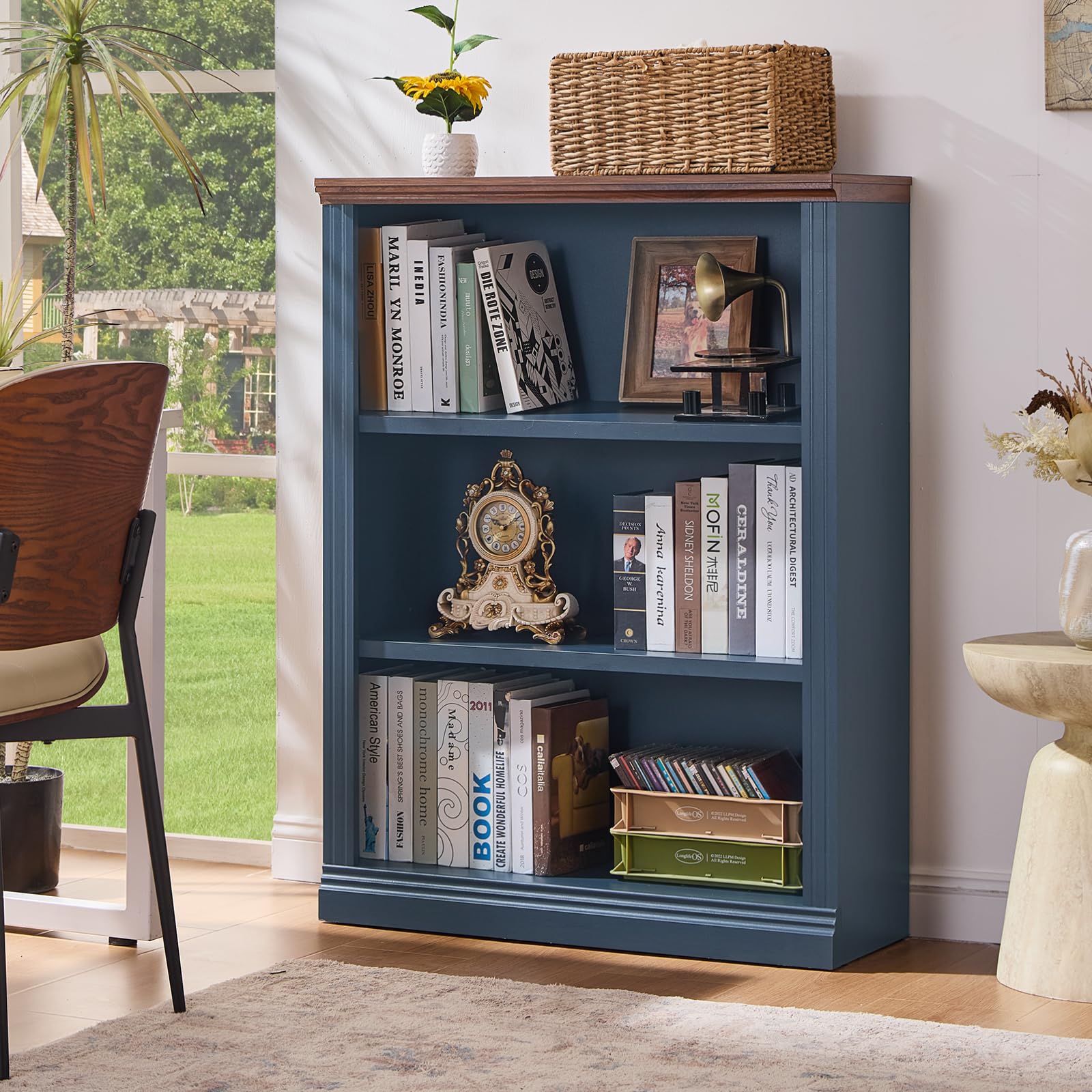 RWYHG 43" Walnut Tall Bookshelf,3-Tier Thick Wooden Book Shelf with Adjustable Shelves,Free Standing Farmhouse Bookcase with Open Display Storage,Floor Vintage Bookshelves for Living Room,Office