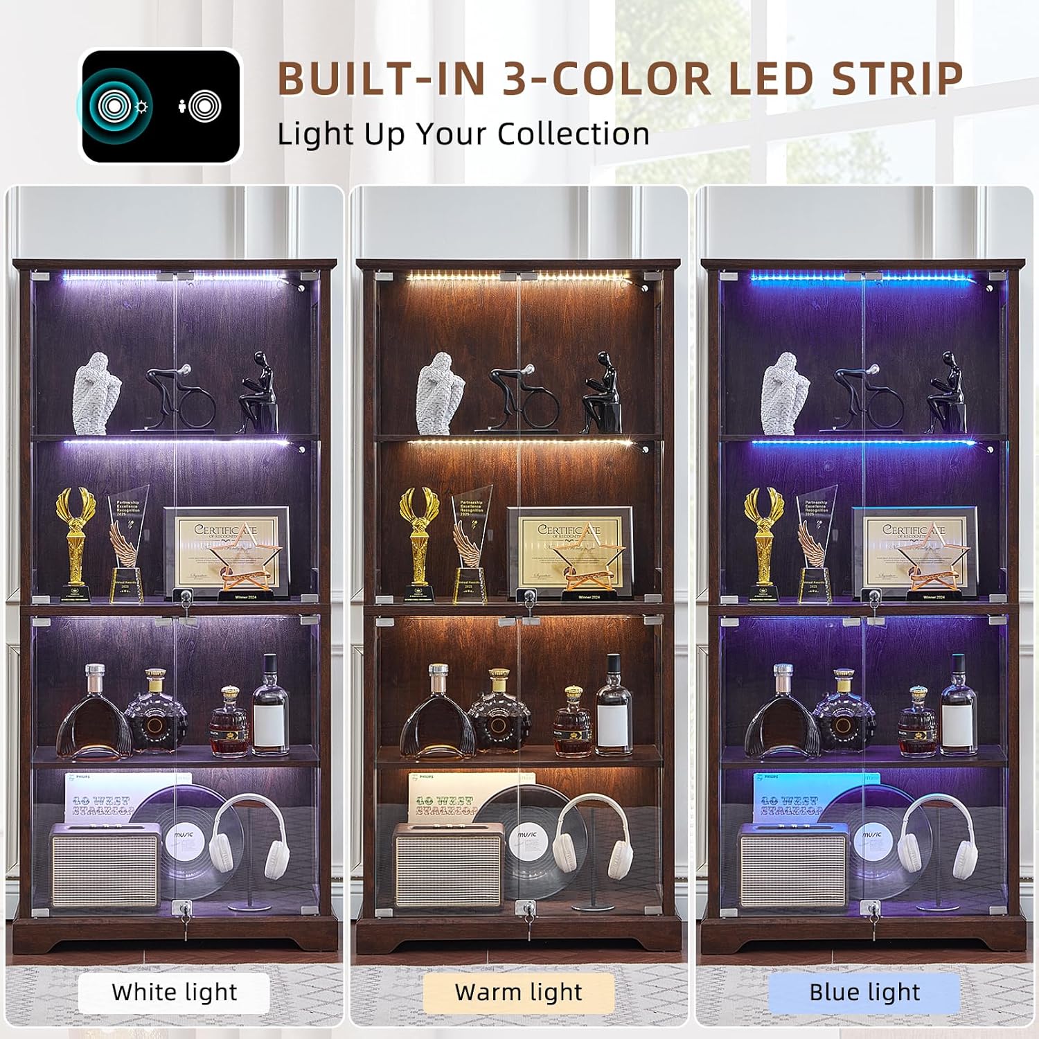 LELELINKY Farmhouse Display Cabinet with Glass Doors, Curio Cabinet with 3-Color LED Motion-Sensor Light for Living Room, Office, Dining Room, Walnut