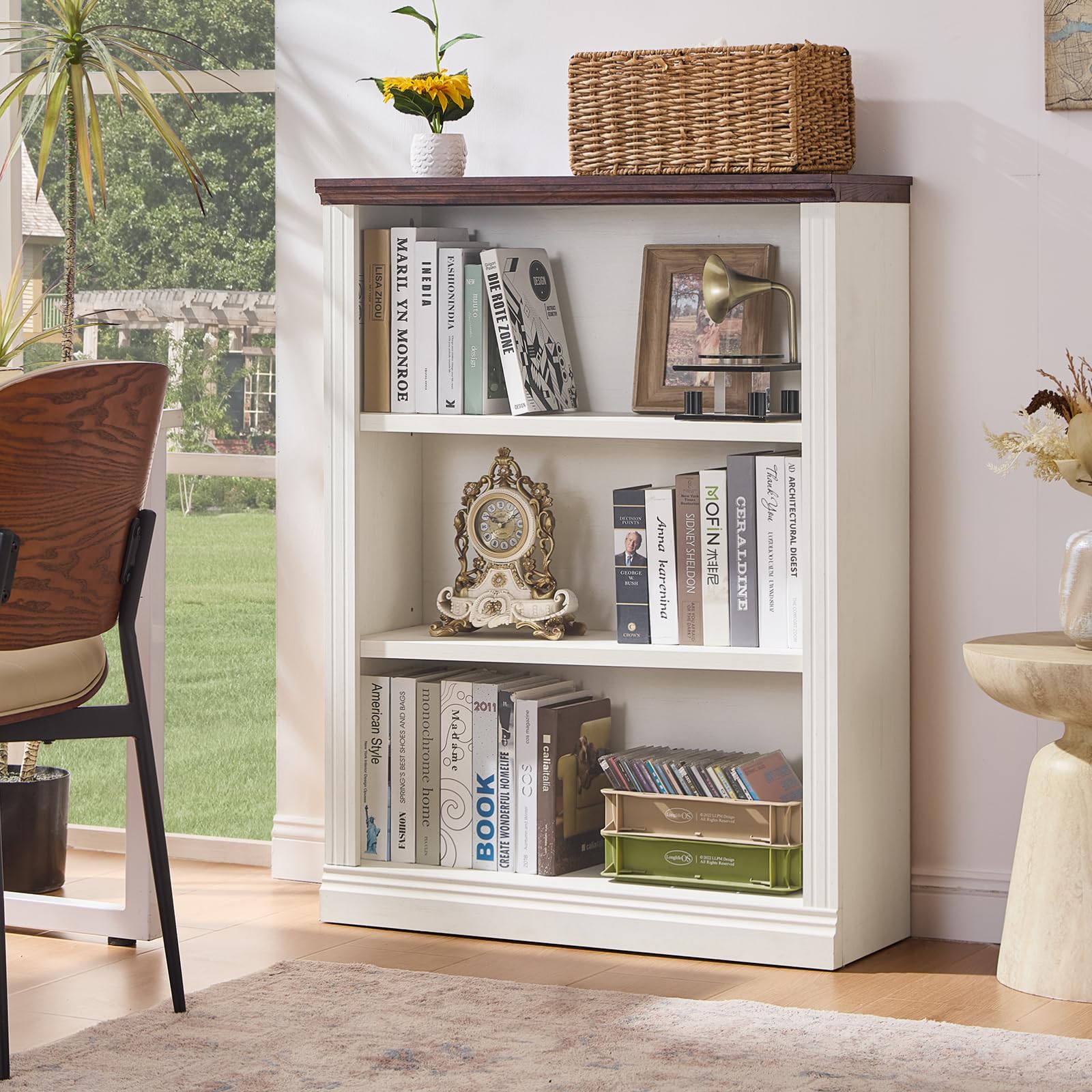 RWYHG 43" Walnut Tall Bookshelf,3-Tier Thick Wooden Book Shelf with Adjustable Shelves,Free Standing Farmhouse Bookcase with Open Display Storage,Floor Vintage Bookshelves for Living Room,Office