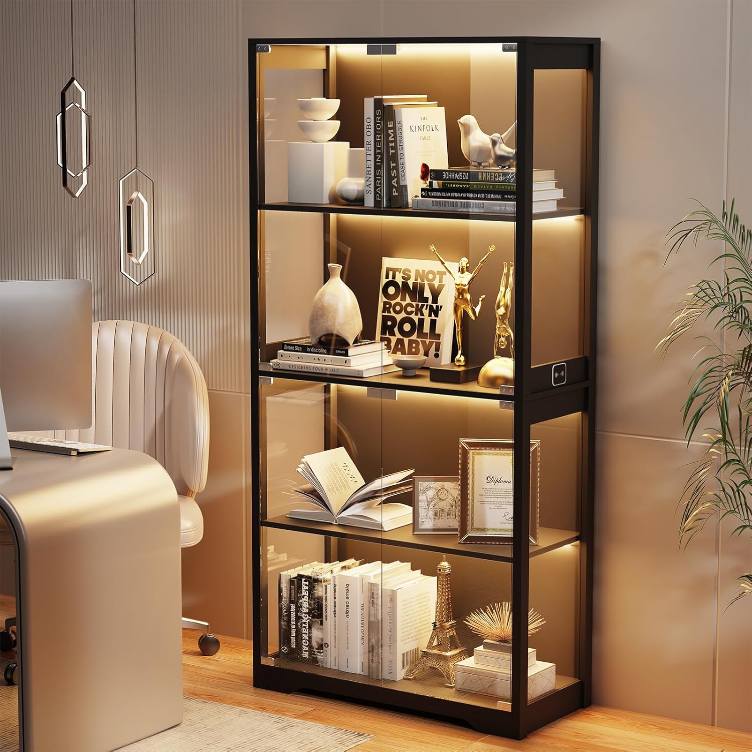 BROTTAR Display Cabinet with Glass Doors, 4-Tier Curio Cabinet with 3 Color Lights for Collectibles, Glass Display Case with Human Body Sensor, Bookcase with 4 Shelves, Storage Cabinets, Black