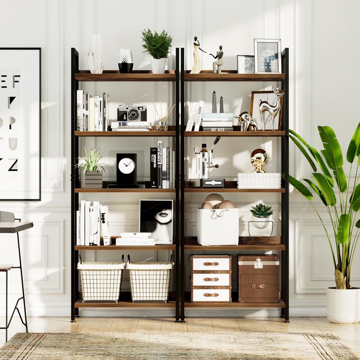NUMENN Bookshelf, 5 Tier Bookshelves, Home Office Bookcase Shelf Storage Organizer, Free Standing Storage Shelving Unit for Bedroom, Living Room and Home Office, Vintage