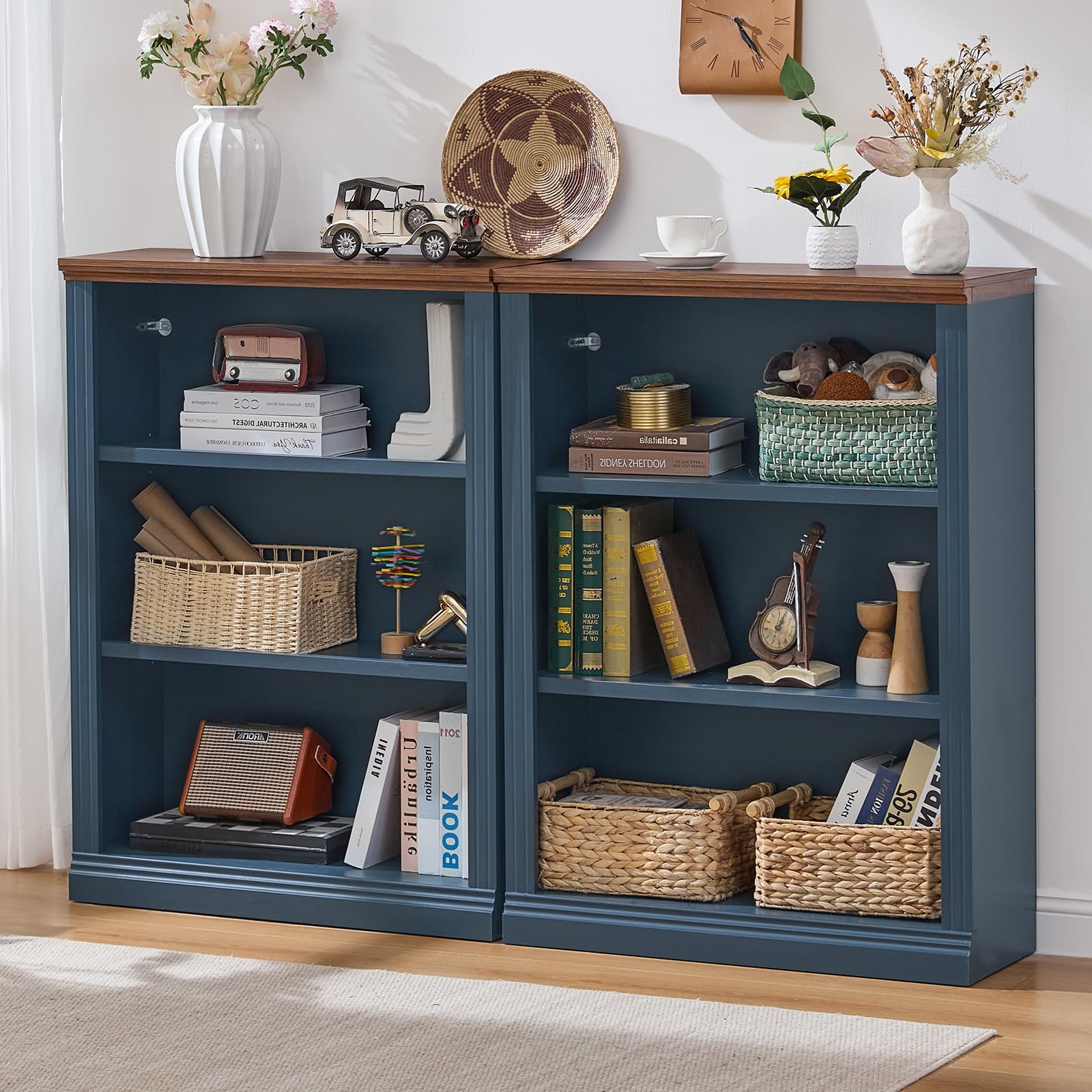 RWYHG 43" Walnut Tall Bookshelf,3-Tier Thick Wooden Book Shelf with Adjustable Shelves,Free Standing Farmhouse Bookcase with Open Display Storage,Floor Vintage Bookshelves for Living Room,Office