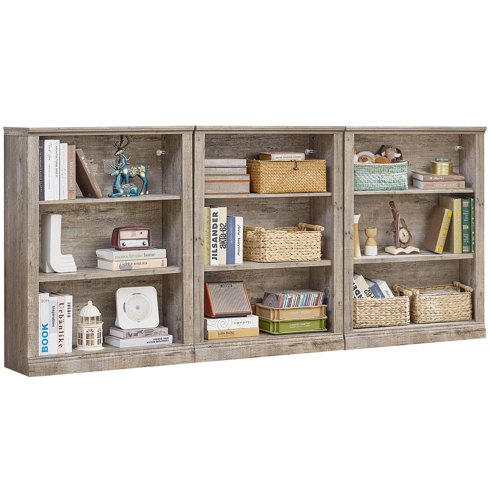 RWYHG 43" Walnut Tall Bookshelf,3-Tier Thick Wooden Book Shelf with Adjustable Shelves,Free Standing Farmhouse Bookcase with Open Display Storage,Floor Vintage Bookshelves for Living Room,Office