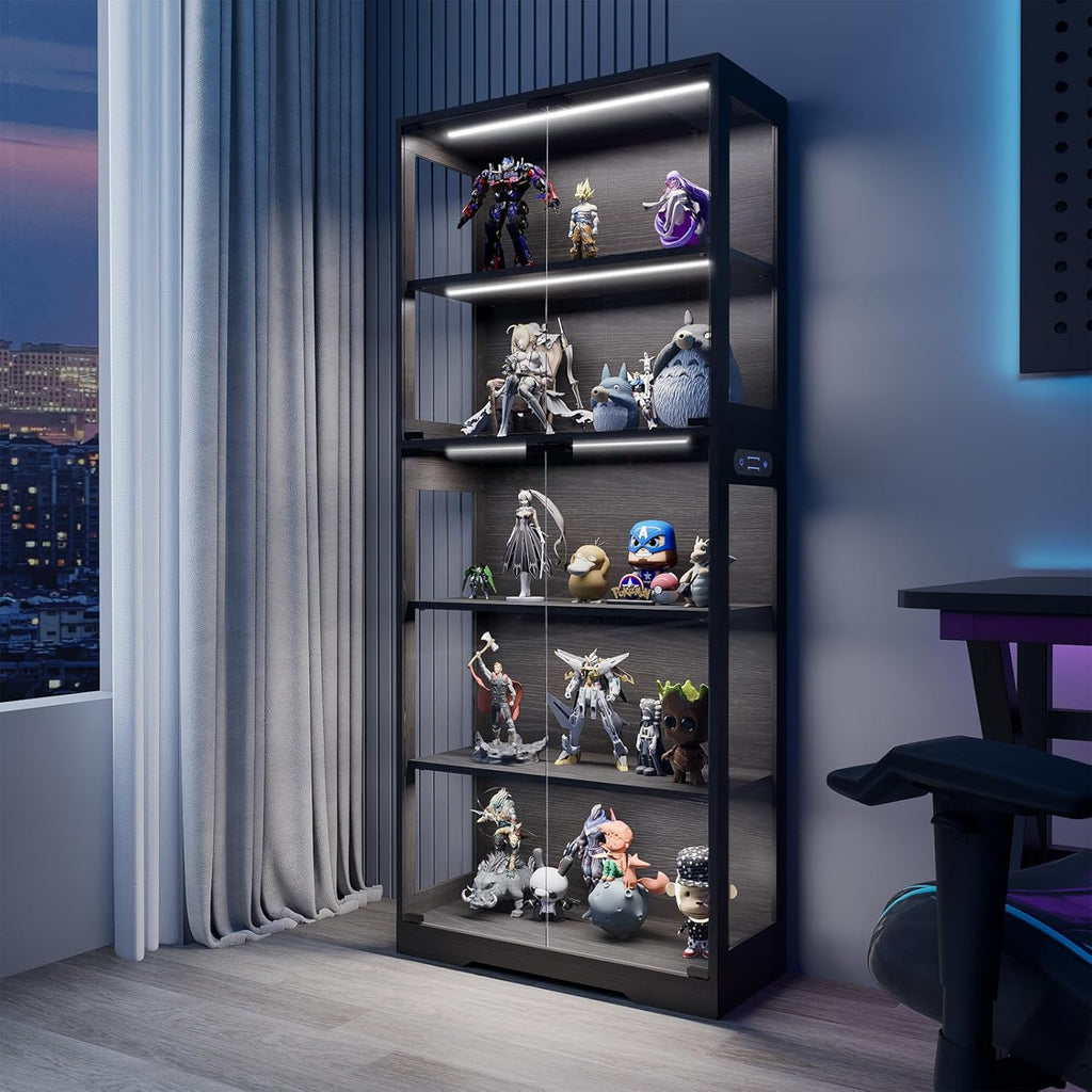 Glass Display Cabinet, 5-Tier Curio Cabinet with Glass Doors, Dimming LED Lights & Motion Sensor, for Collectible Figures, Living Room, Bedroom, or Office (Wooden Frame)