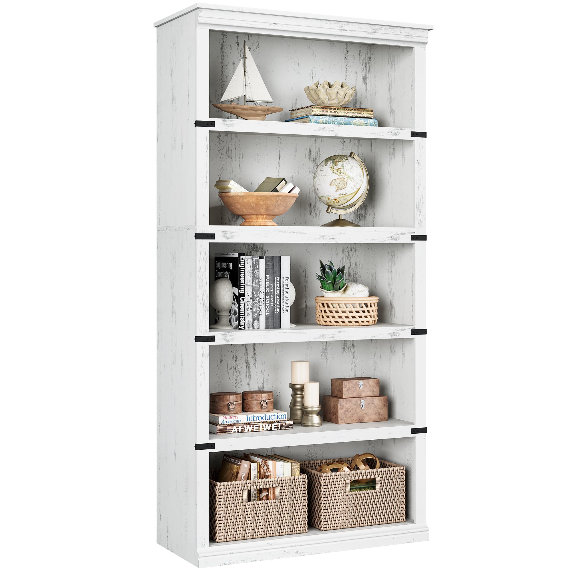 IDEALHOUSE 5 Tier Bookcase, Farmhouse Book Shelf with Storage Open Display Bookshelves, 67.4" Tall Book Case Wooden 5 Shelf Bookcase Home Decor Furniture for Home Office, Living Room- Reddish Brown