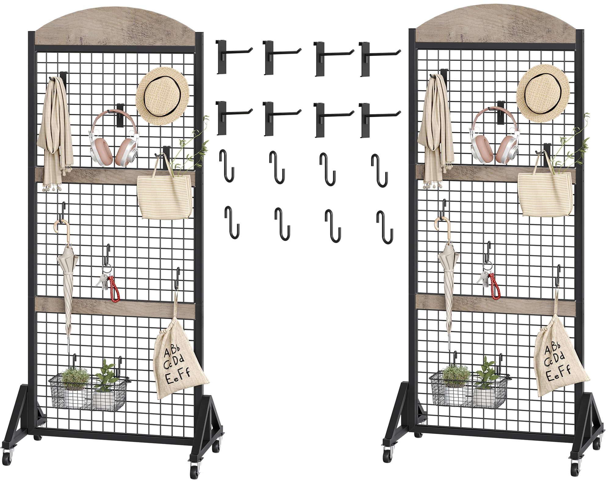 CHOEZON Grid Wall Panel 5.7’ x 2’ FT Grid Display Rack, Movable Gridwall Display Stand with Wheels,Floorstanding Wire Grid Rack with 4 S-Shaped Hooks and 4 Garment Hooks Rustic Brown and Black TCJ17BF