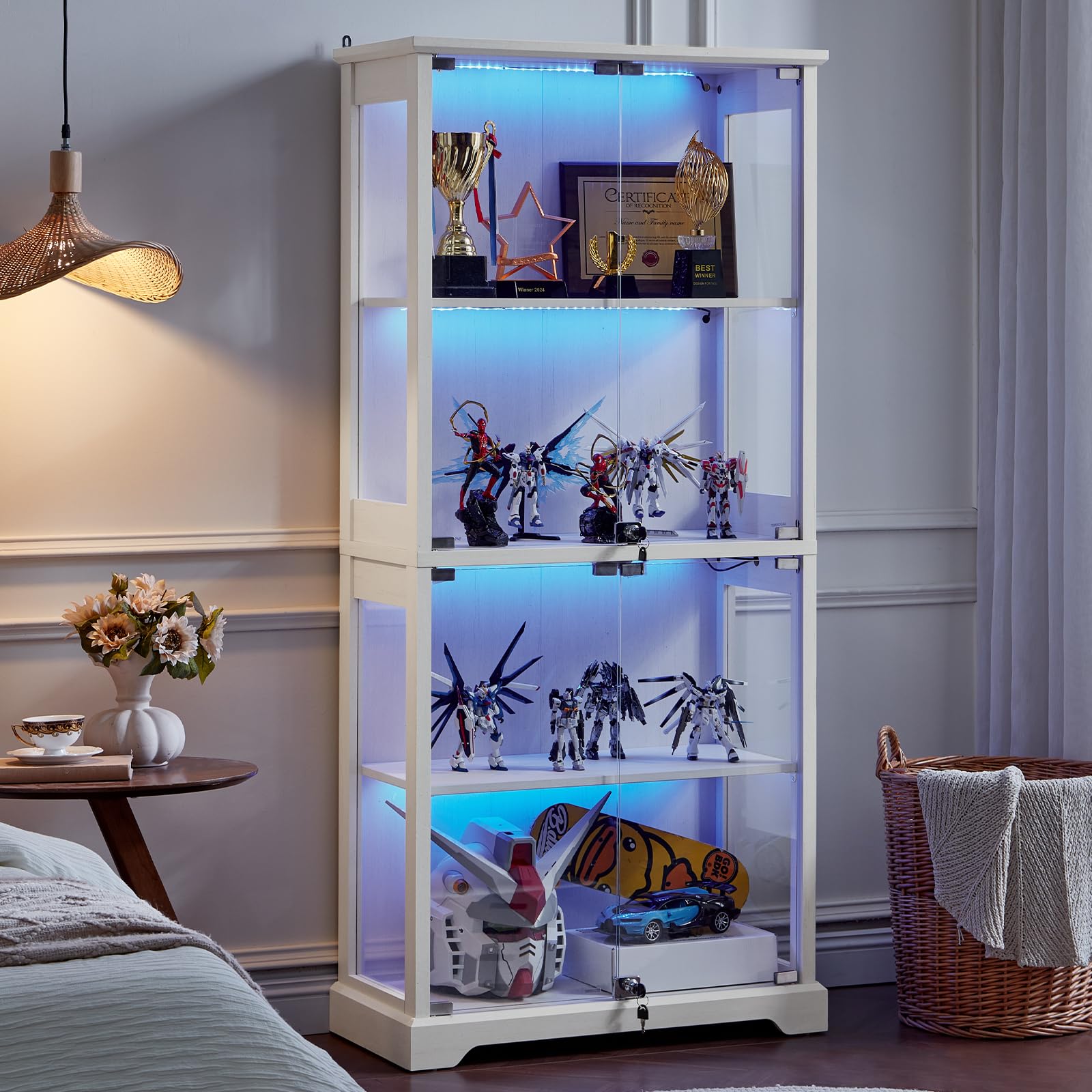 LELELINKY Farmhouse Display Cabinet with Glass Doors, Curio Cabinet with 3-Color LED Motion-Sensor Light for Living Room, Office, Dining Room, Walnut