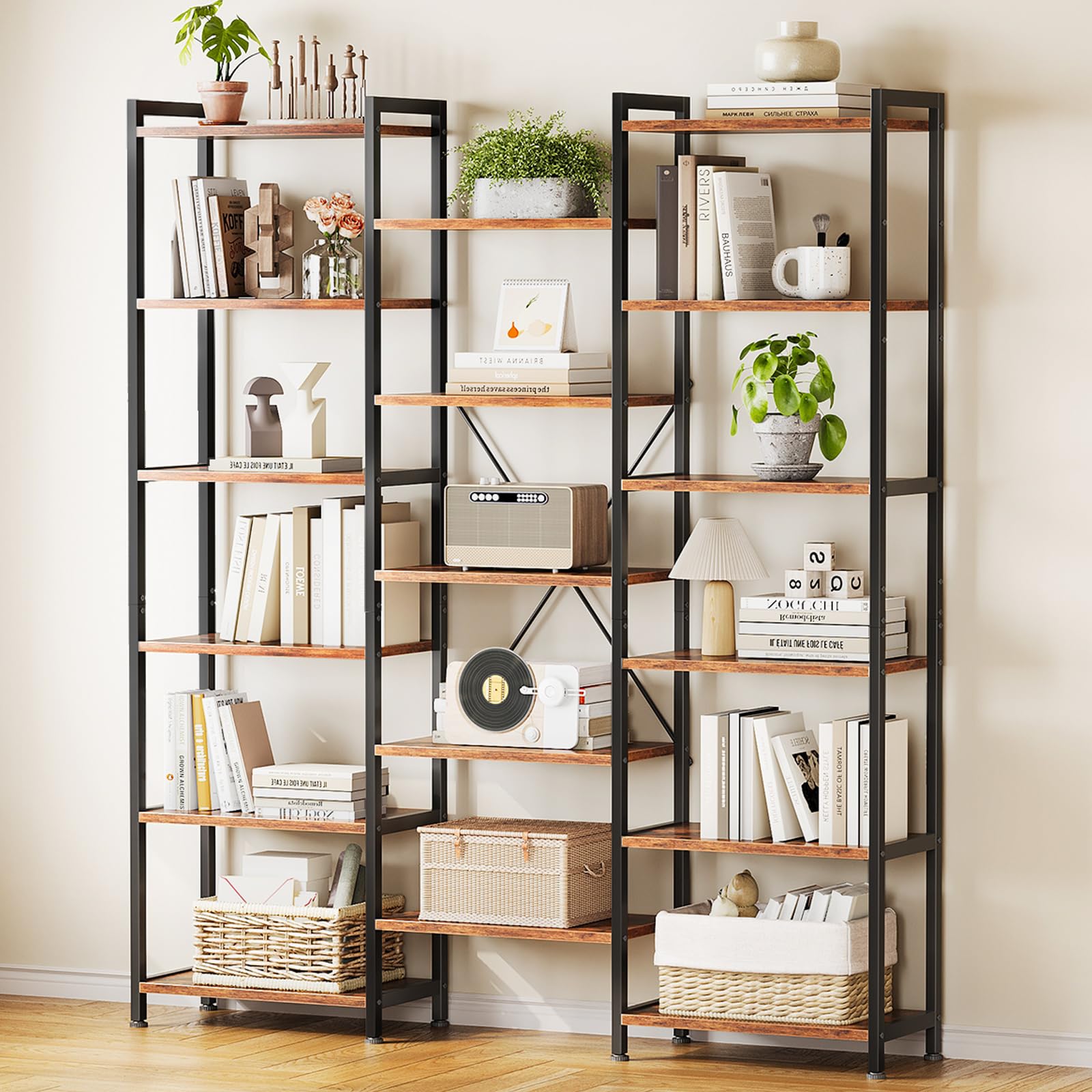 Casaottima Triple 4 Tier Bookshelf, Large Bookcase with 11 Open Display Shelves, Modern Industrial Book Shelves Book Case for Bedroom, Wide Standing Shelving Unit for Living Room Home Office, Vintage