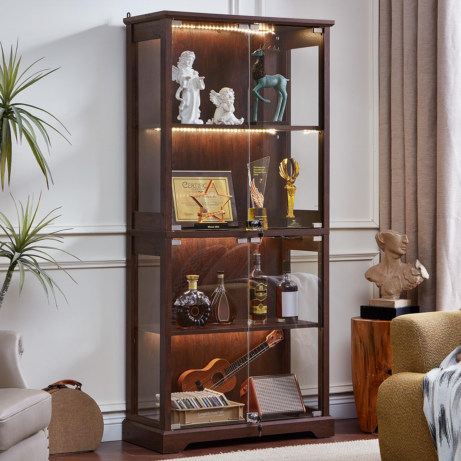 LELELINKY Farmhouse Display Cabinet with Glass Doors, Curio Cabinet with 3-Color LED Motion-Sensor Light for Living Room, Office, Dining Room, Walnut