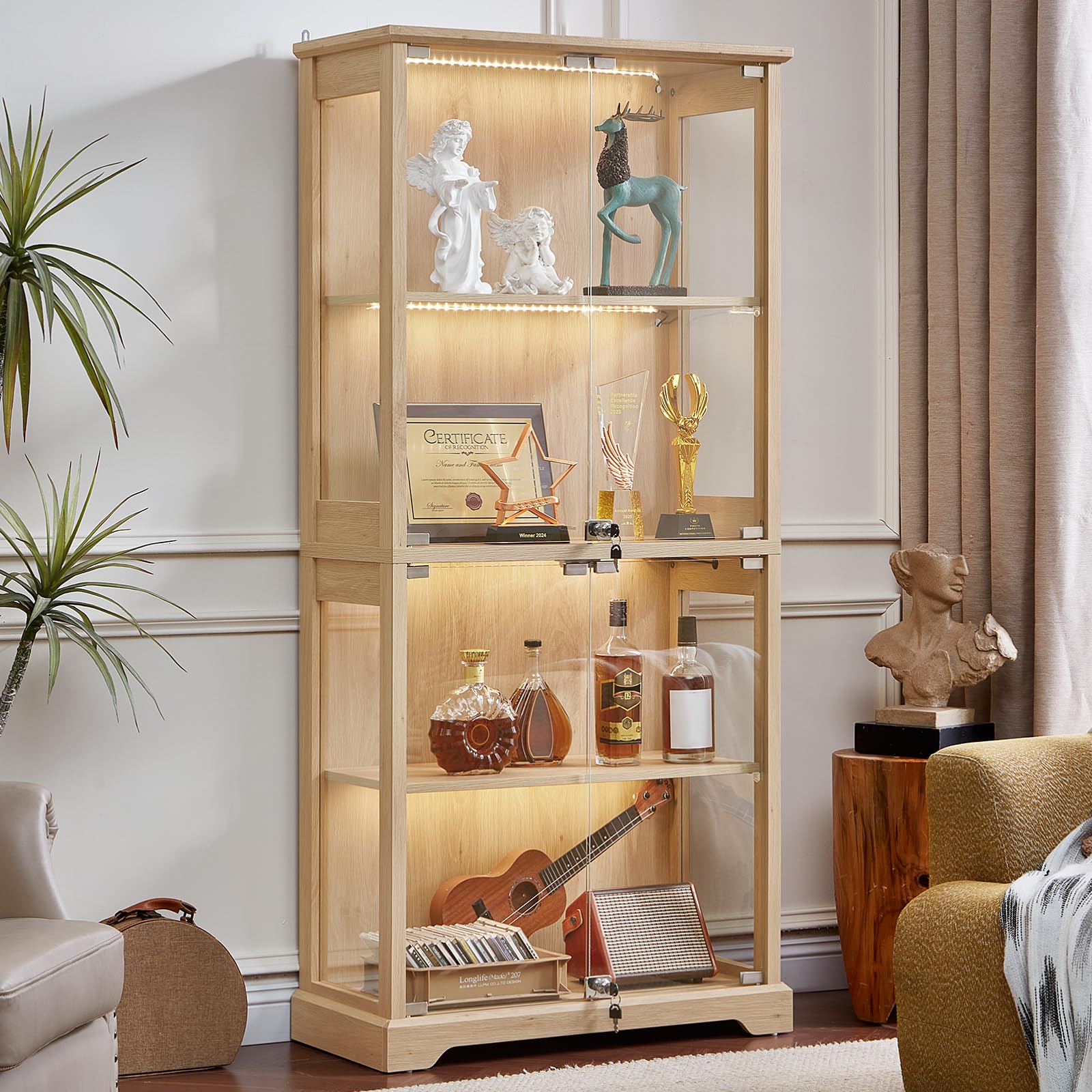 LELELINKY Farmhouse Display Cabinet with Glass Doors, Curio Cabinet with 3-Color LED Motion-Sensor Light for Living Room, Office, Dining Room, Walnut