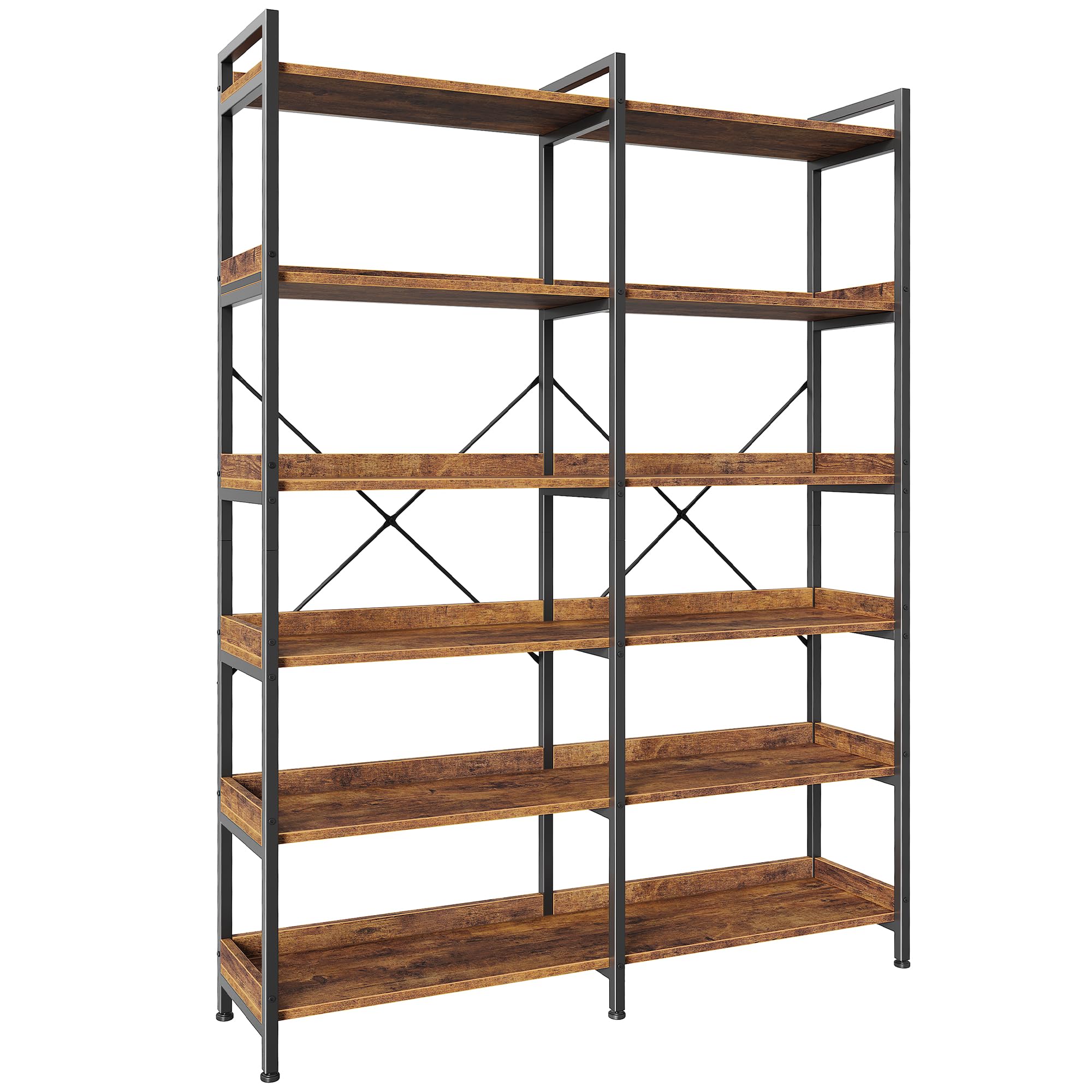 Huuger 5 Tier Bookshelf, Display Bookshelf with 10 Open Shelves and Raised Baffle, 47.2 Inch Straight Wide Bookcase with Metal Frame and Wooden Board, Adjustable Feet, Rustic Brown