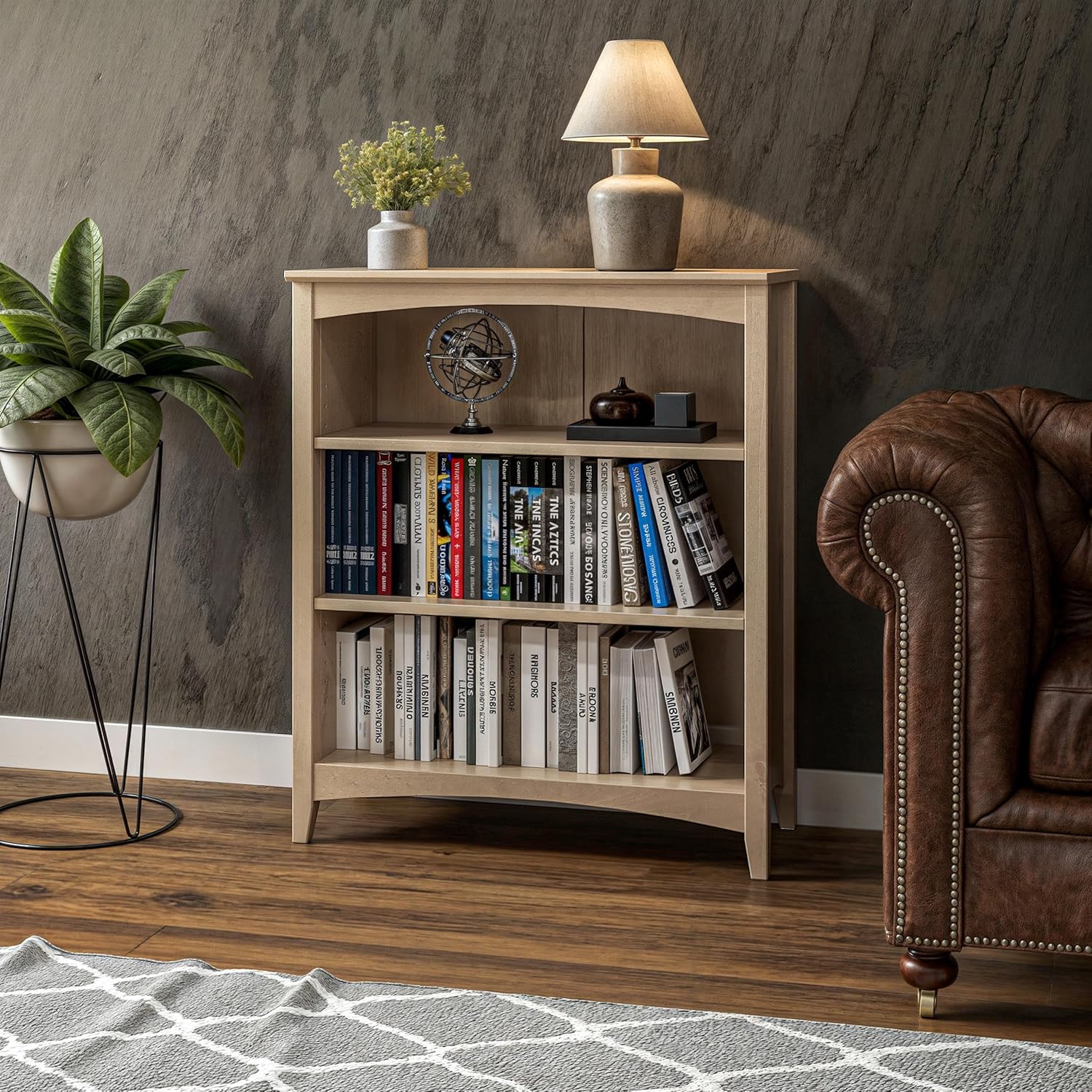 Camaflexi Shaker Style 3 Shelf Bookcase/Solid Wood / 36" High/Adjustable Shelving/Closed Back/Display Bookshelf for Living Room, Bedroom, Home and Office, Light Oak