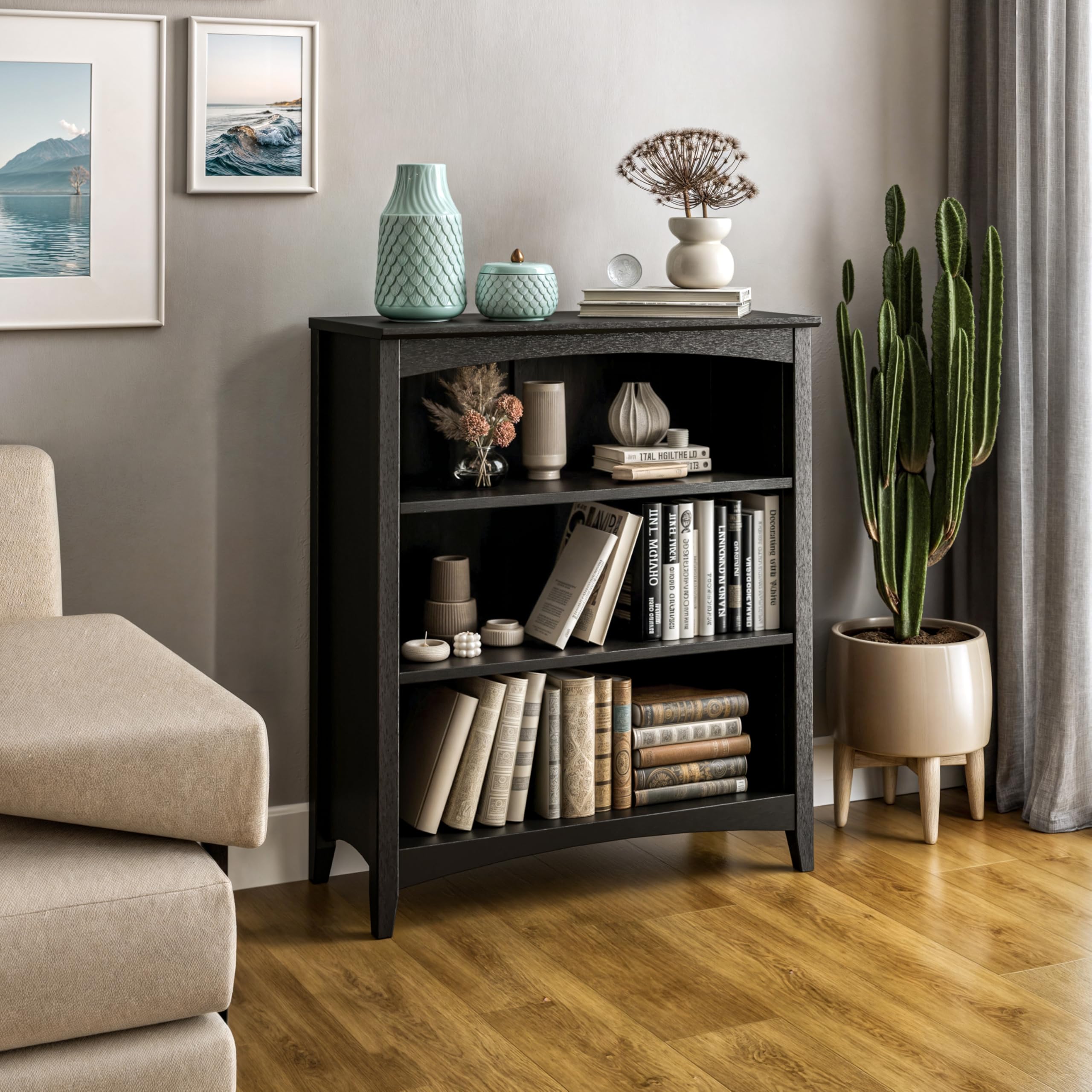 Camaflexi Shaker Style 3 Shelf Bookcase/Solid Wood / 36" High/Adjustable Shelving/Closed Back/Display Bookshelf for Living Room, Bedroom, Home and Office, Light Oak