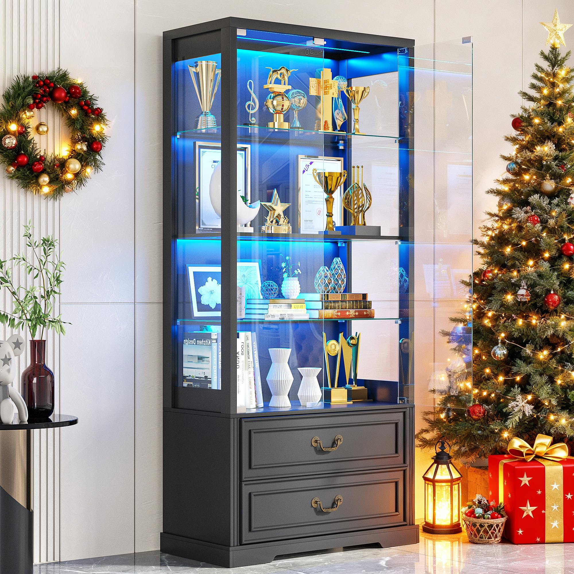 TAGELIER 67" Tall Display Cabinet with Glass Doors and 2 Drawers, Adjustable Glass Height Bookcase, Curio Cabinet with 3 LED Lights and Human Body Sensor (White)