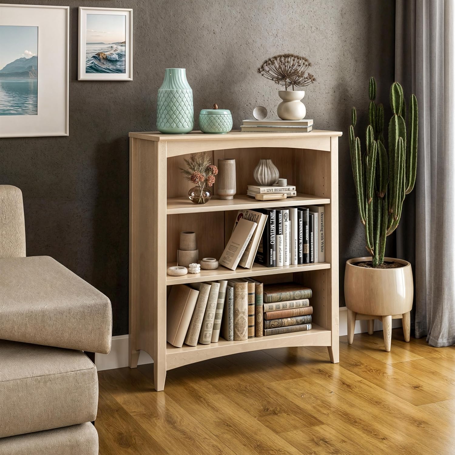 Camaflexi Shaker Style 3 Shelf Bookcase/Solid Wood / 36" High/Adjustable Shelving/Closed Back/Display Bookshelf for Living Room, Bedroom, Home and Office, Light Oak