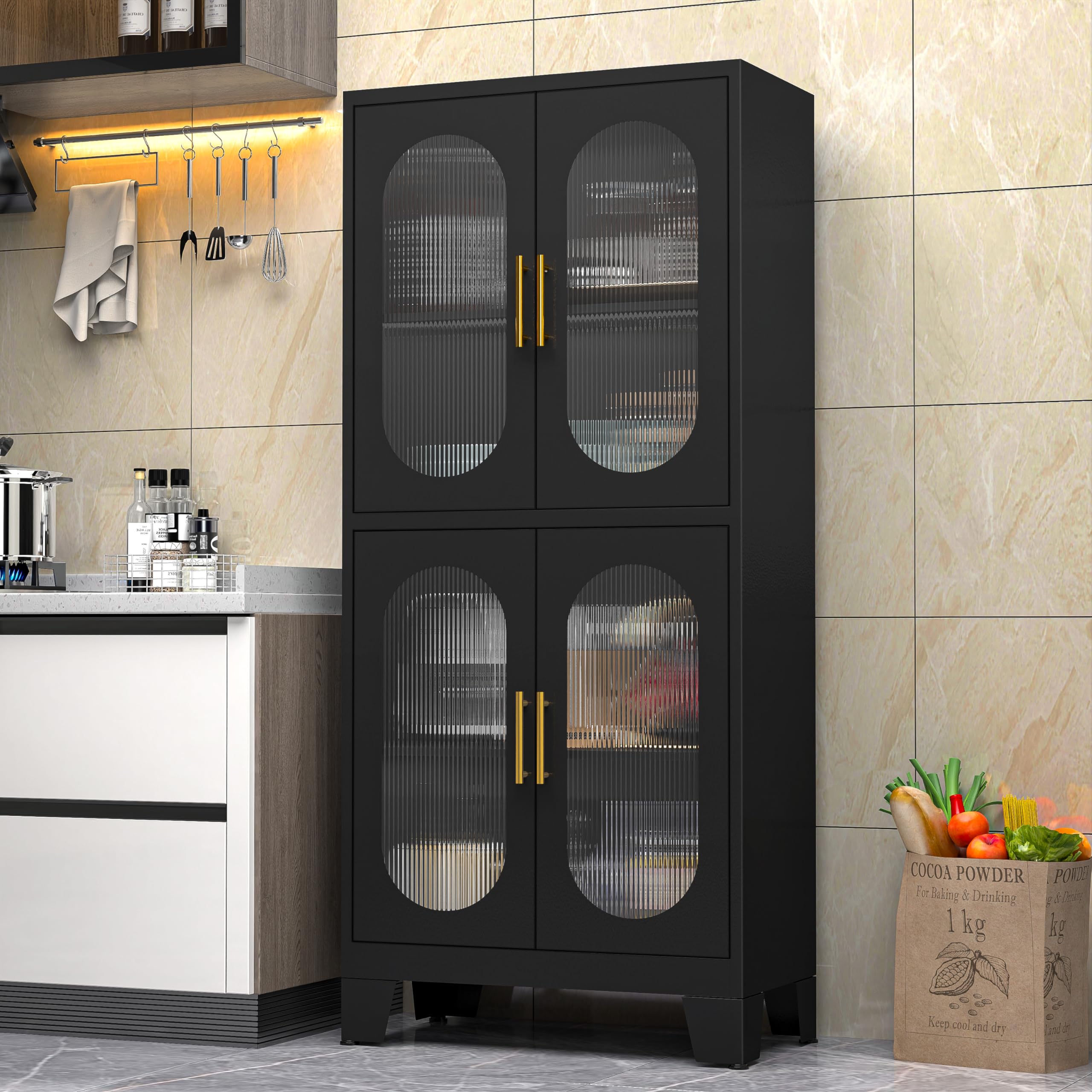 PAOFIN 71" H Locking Display Cabinet with Glass Door, Metal Curio Cabinets with 4 Adjustable Shelves, Tall Liquor Cabinet Display Case for Living Room, Collectibles, Home - Assembly Required Black